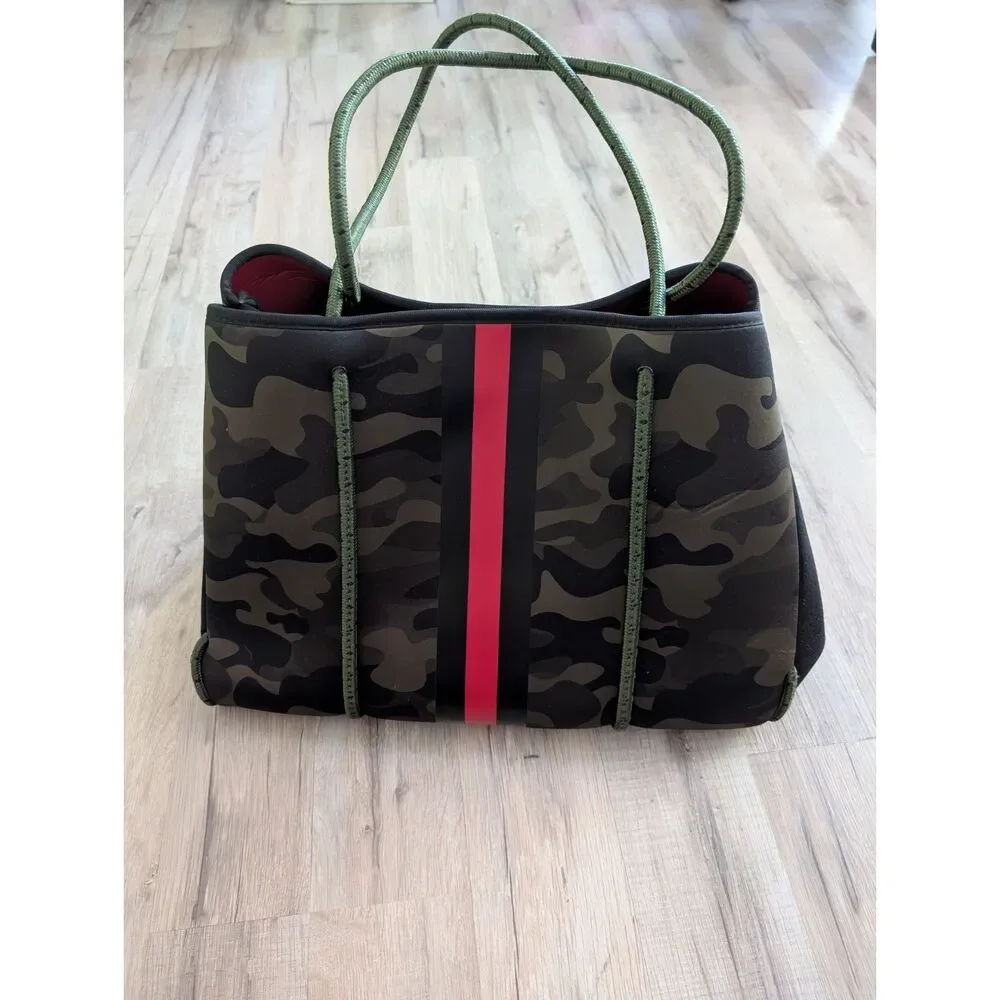Haute Shore Greyson Soho Neoprene Tote Bag in Green Camo with Red Stripe (C4) - Picture 2 of 10
